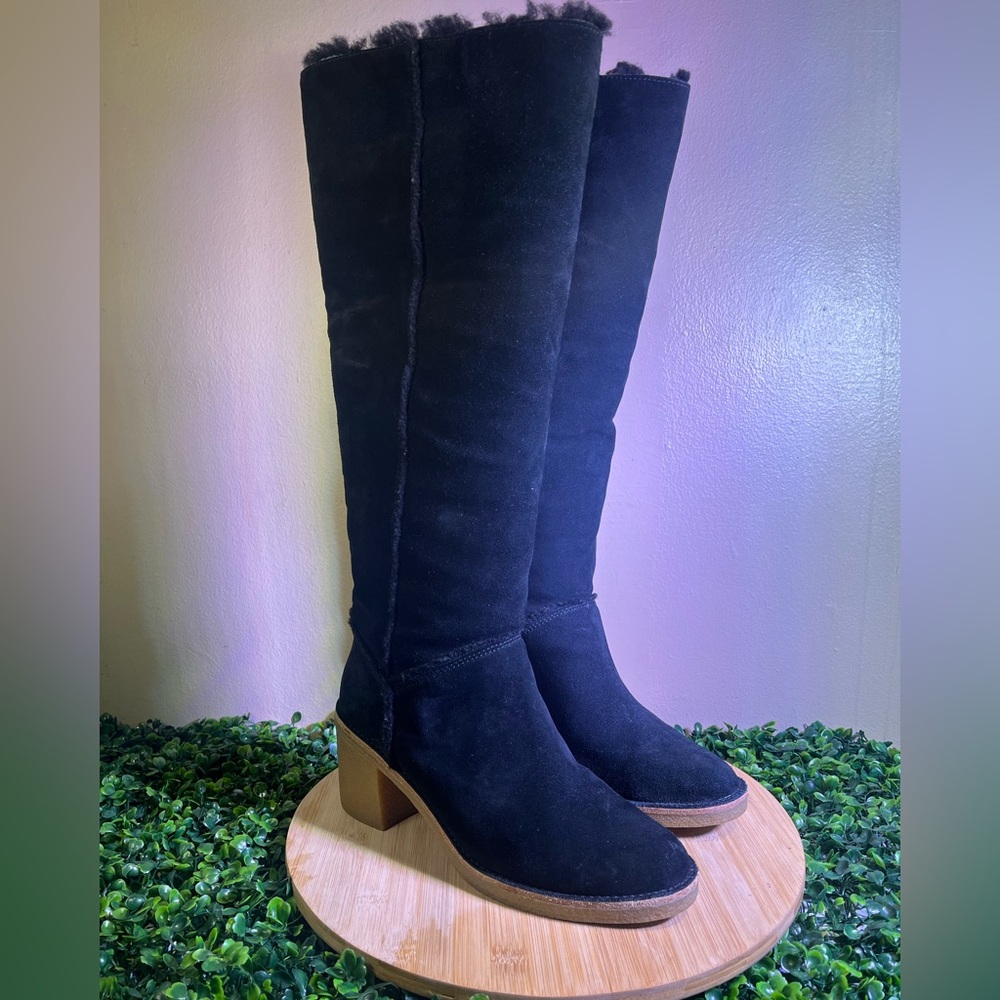 🔥 UGG KASEN TALL BOOTS BLACK SUEDE PULL UP SHEEPSKIN LINING WOMENS SZ 9.5